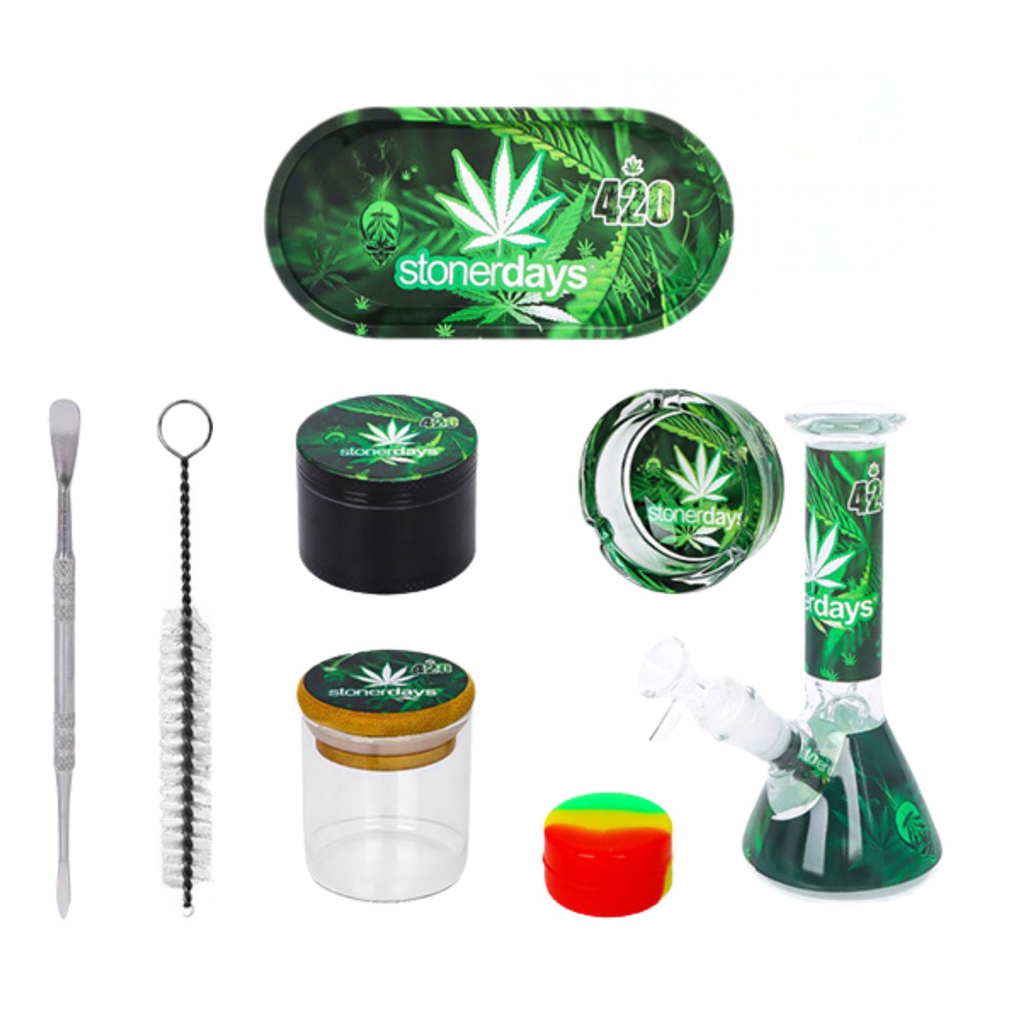 Einzelteile Geschenkset: Bong, Grinder, Glas, Tablett, Aschenbecher, Silikondose, Bürste, Dabber