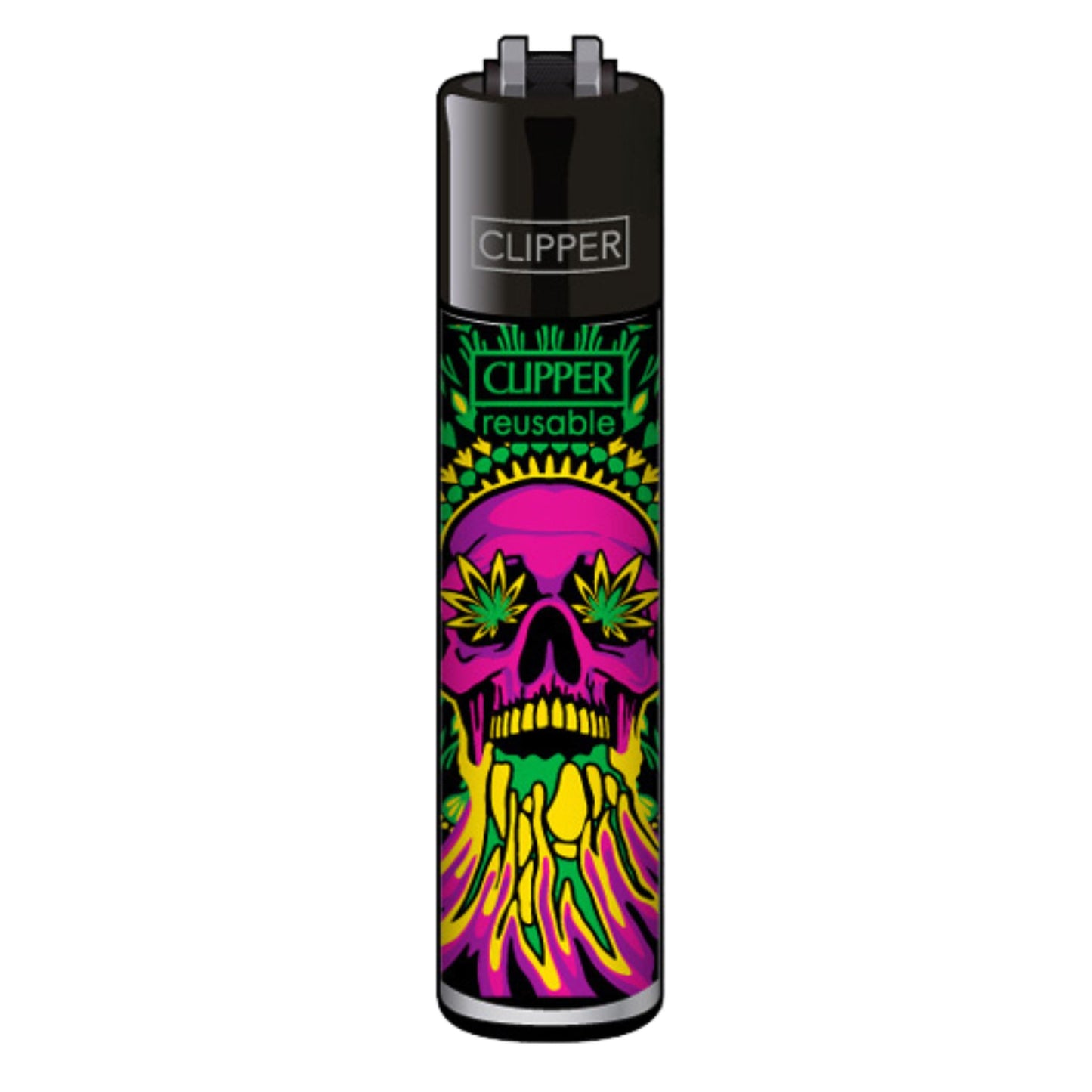 Clipper Feuerzeug „Trippy Skulls 4/4“ mit pinkem Totenkopf & Hanfblatt-Augen