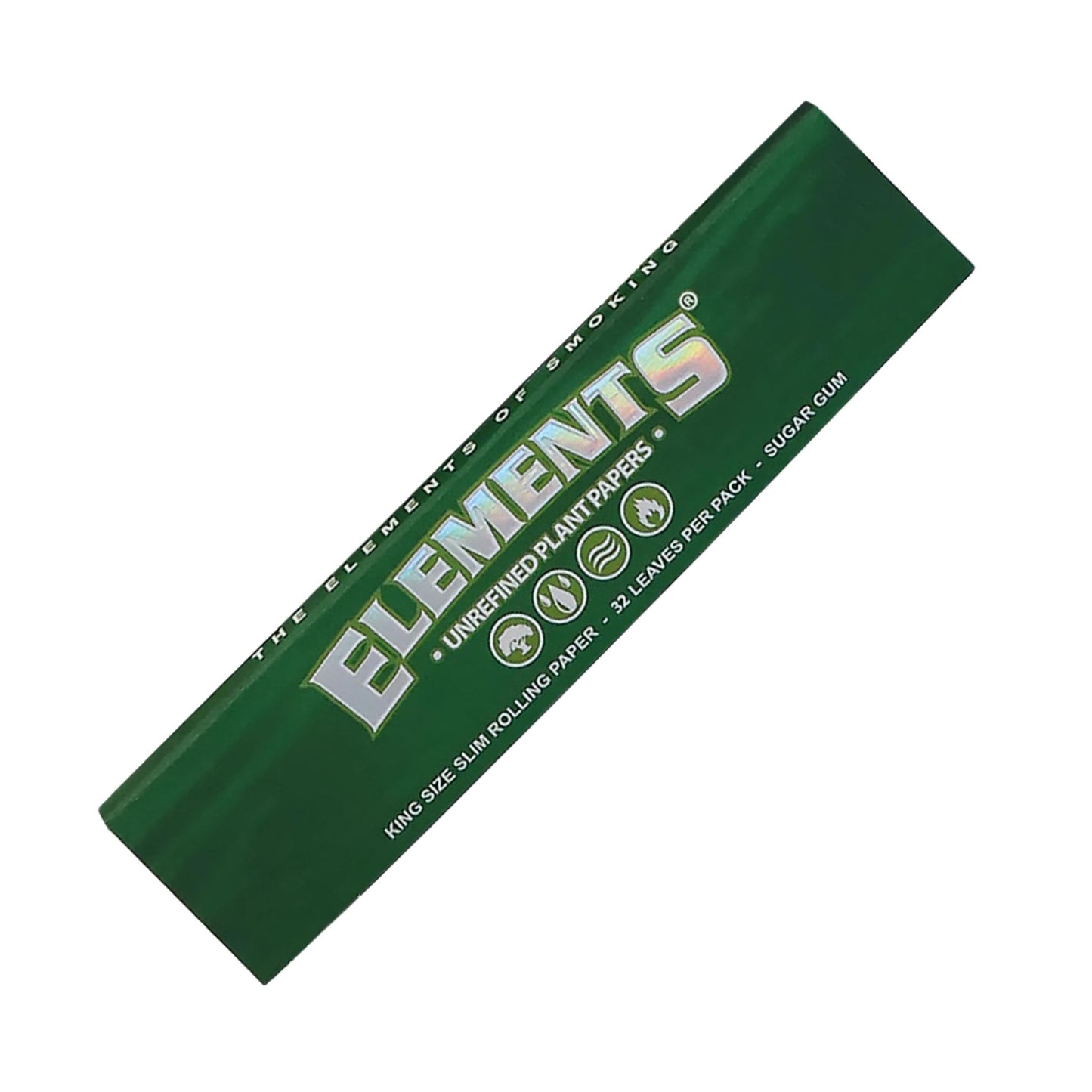Grüne King Size Slim Papers aus ungebleichten Pflanzenfasern mit natürlichem Zucker-Gum und CrissCross-Wasserzeichen.