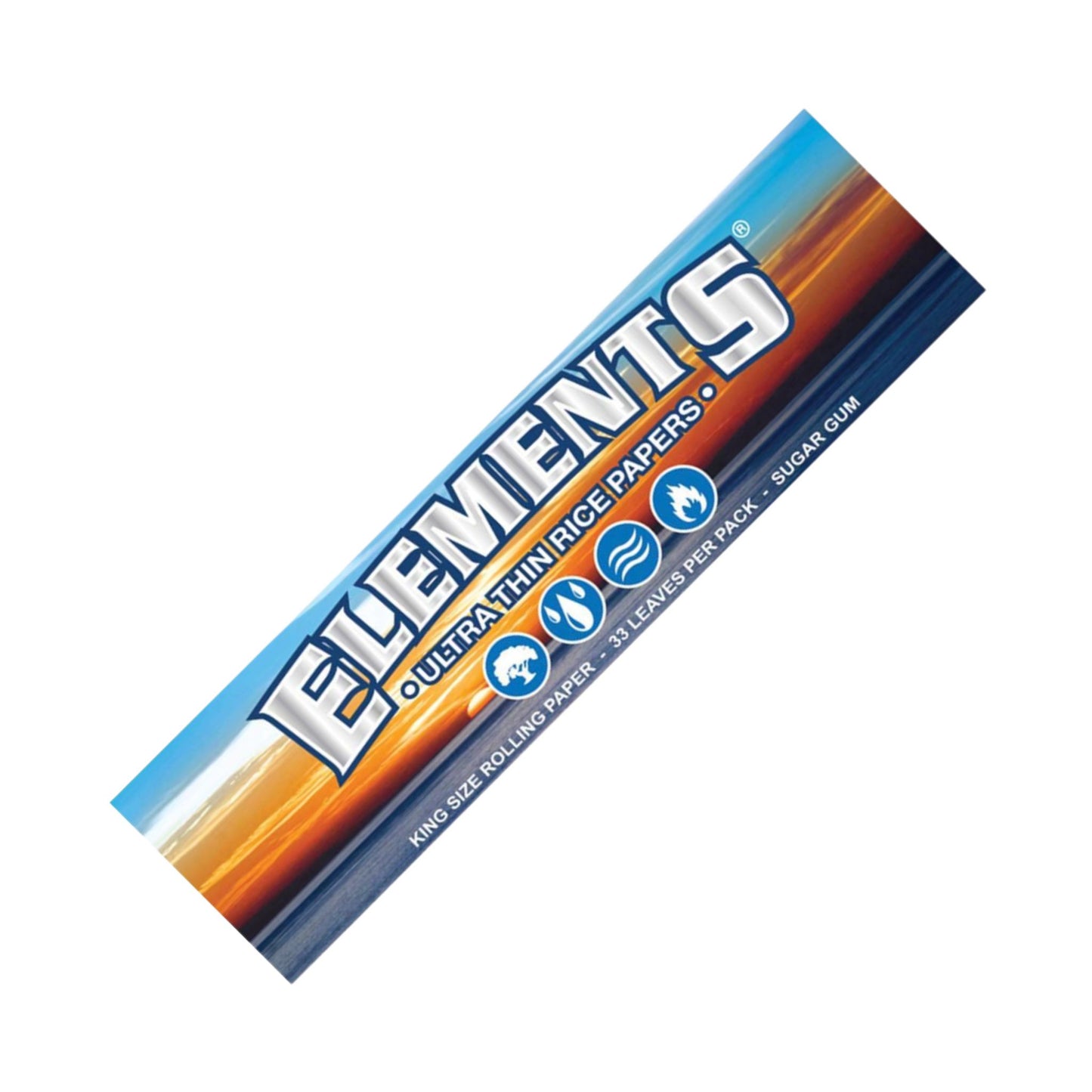 Ein Heftchen Elements King Size Slim aus ultradünnem Reispapier mit 33 geschmacksneutralen Blättchen und Zucker-Gummi.