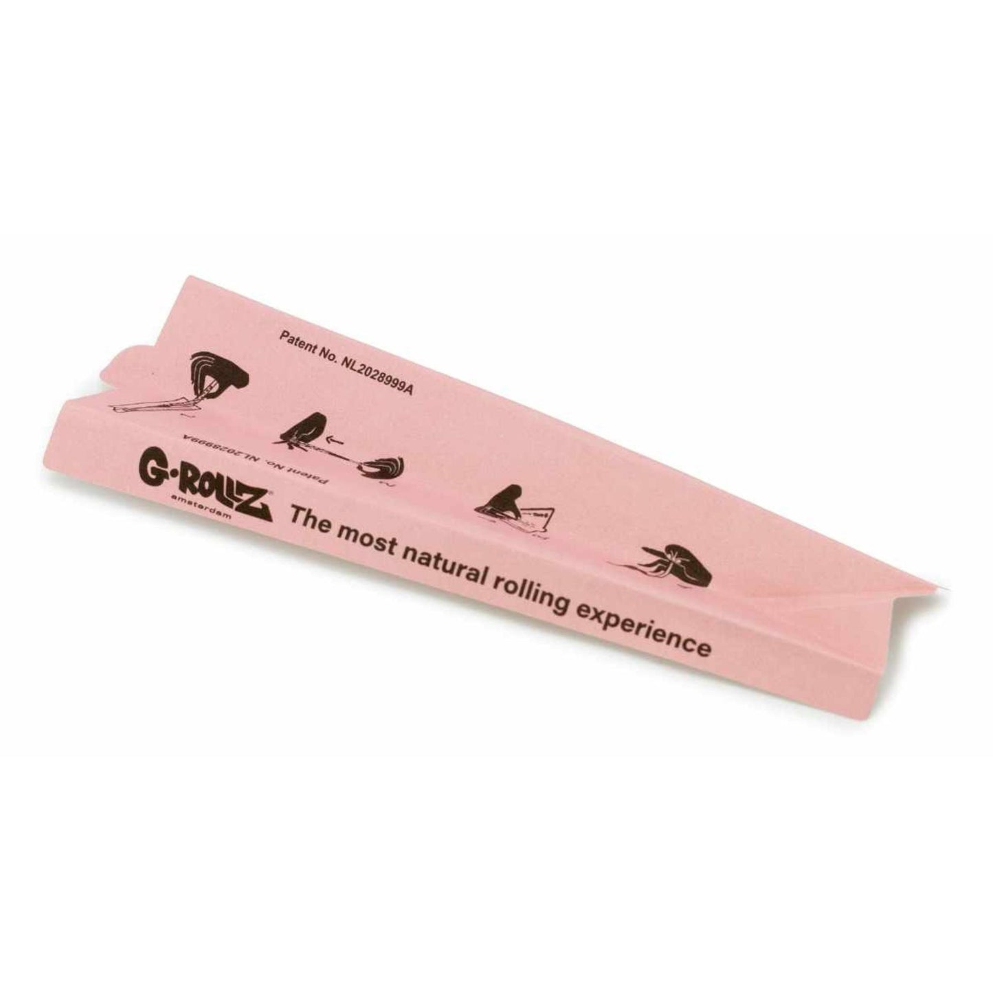 Nahaufnahme der pinken G-Rollz Stopfhilfe mit aufgedruckter Anleitung zur einfachen Befüllung der Cones.