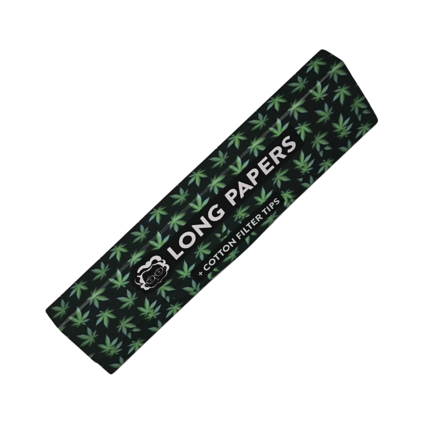 Eine geschlossene Packung Granny's® Organic Long Papers, Vorderseite mit natürlichem Design, ungebleichtem Hanfpapier und Hinweis auf enthaltene Baumwollfilter.