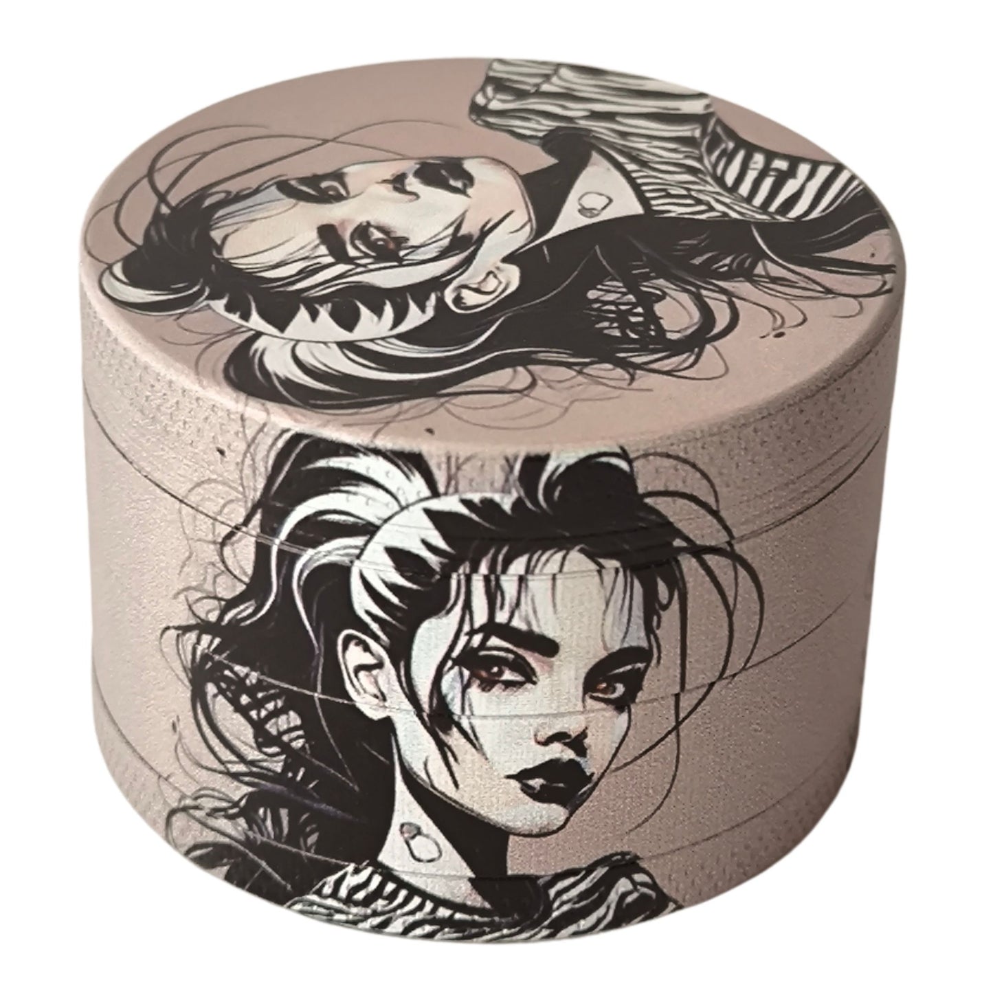 Geschlossener Grinder: 4-teiliger Aluminium Grinder mit modernem Manga-Art-Print.