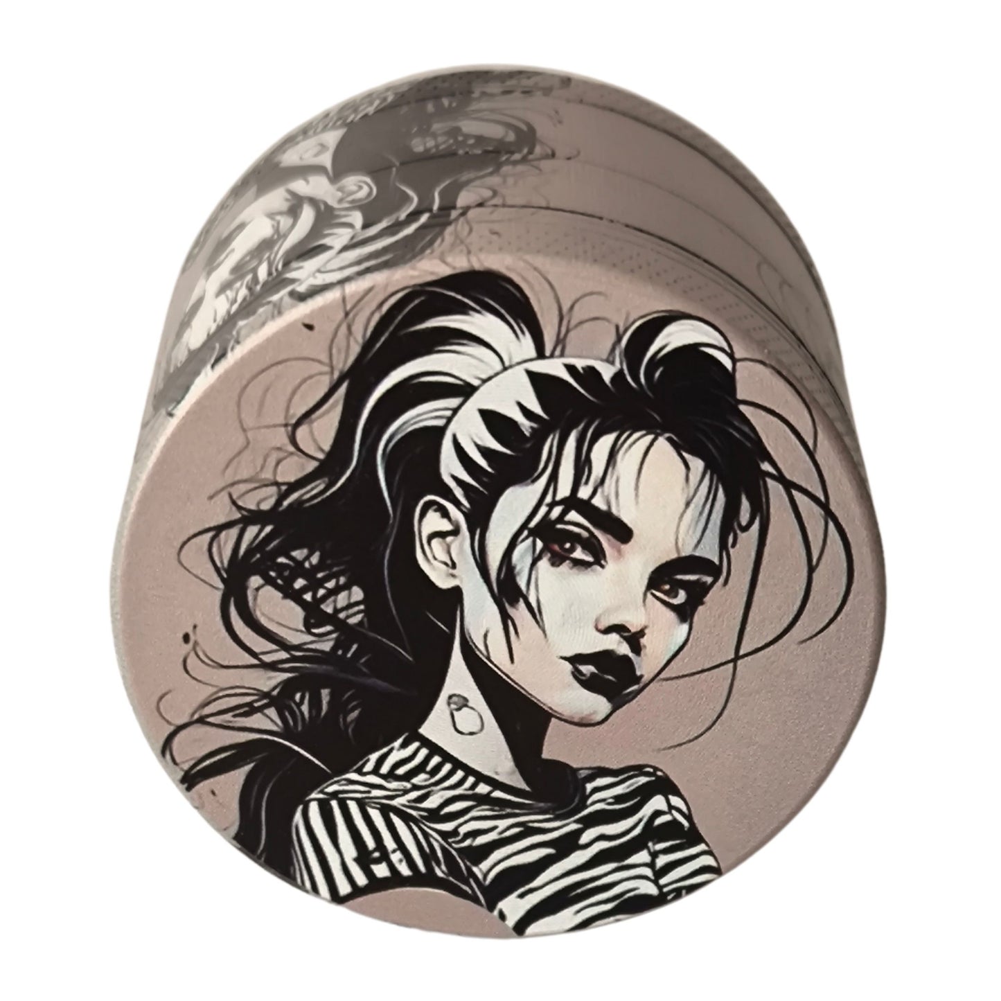 Manga-Grinder von oben: Elegantes Design mit künstlerischer Schwarz-Weiß-Manga-Illustration.