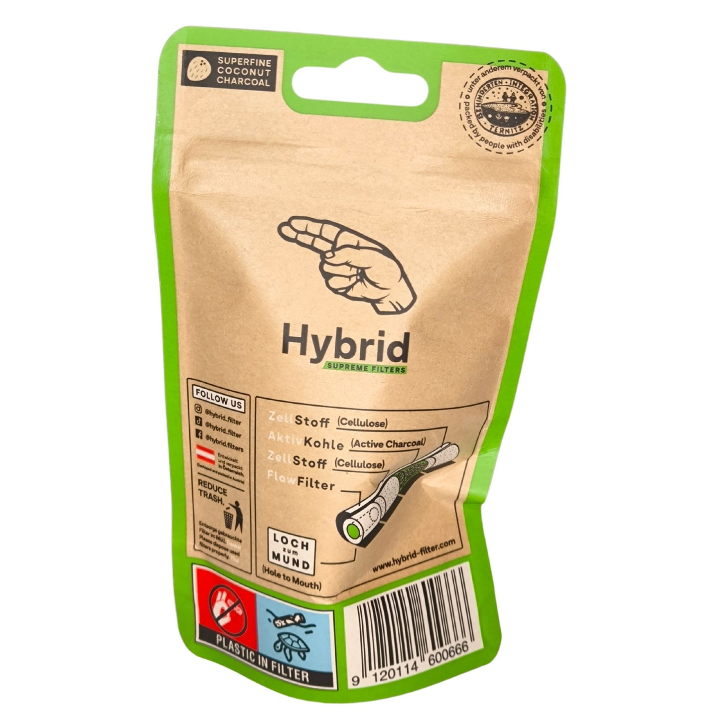 Rückseite der Hybrid Supreme Filters Verpackung mit Filterstruktur-Diagramm (Zellstoff, Aktivkohle, Flow-Filter) und Nachhaltigkeitshinweisen. Barcode und Social-Media-Links unten.