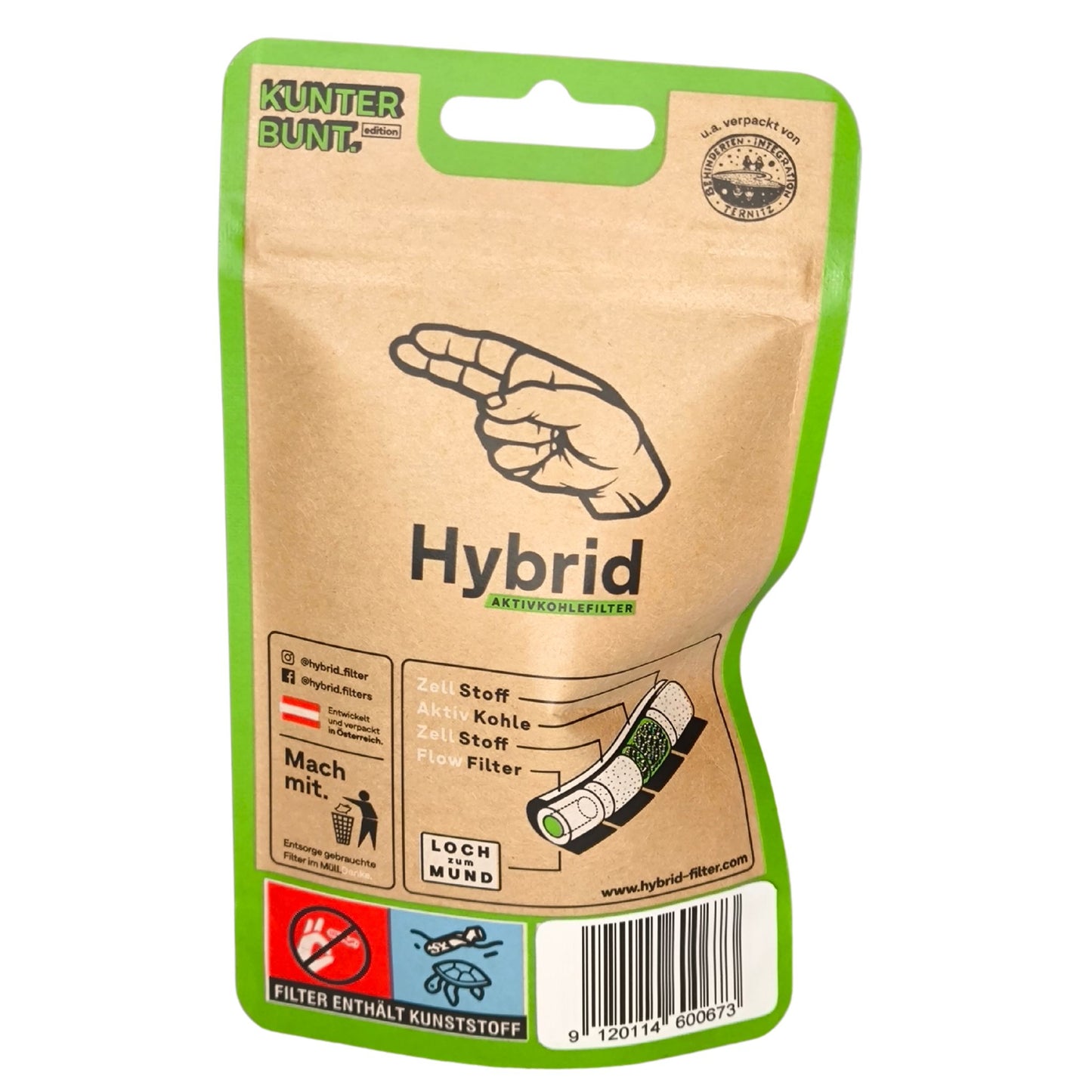 Rückseite der Hybrid Aktivkohlefilter-Verpackung mit Diagramm zur Filterstruktur (Zellstoff, Aktivkohle, Flow-Filter) und Barcode. Nachhaltigkeitshinweis und Social-Media-Links unten.