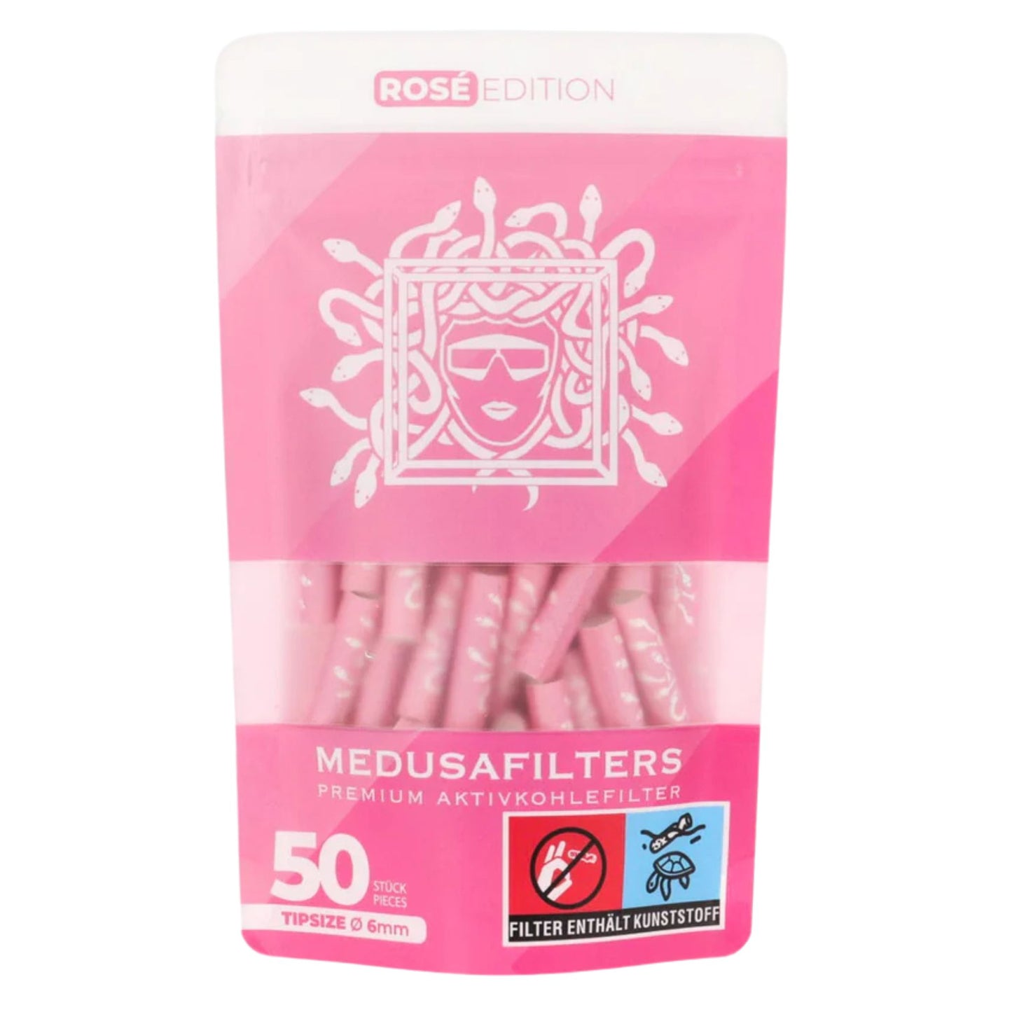 Vorderseite der MEDUSAFILTERS ROSÉ-Edition Verpackung mit 50 Stück Inhalt und Logo der Marke.