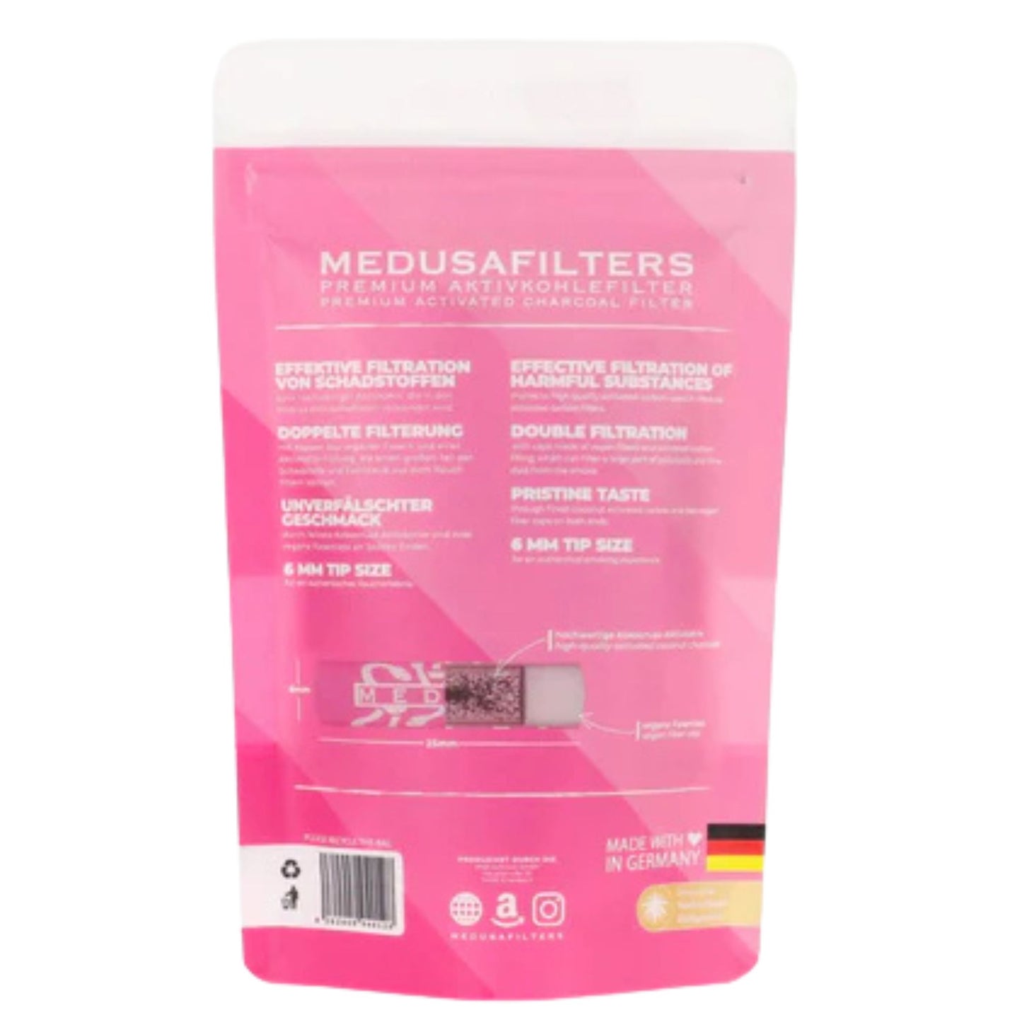 Rückseite der MEDUSAFILTERS ROSÉ-Edition Verpackung mit Produktinformationen und Illustrationen in Weiß auf pinkem Hintergrund.