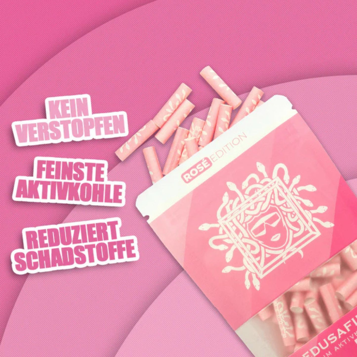 Nahaufnahme des rosa Filters mit 6 mm Durchmesser, Fokus auf die vegane Fasercap.