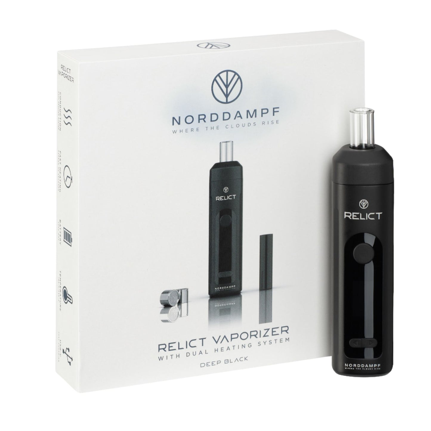 Norddampf Relict Vaporizer mit eingeschaltetem OLED-Display vor der Originalverpackung in Weiß