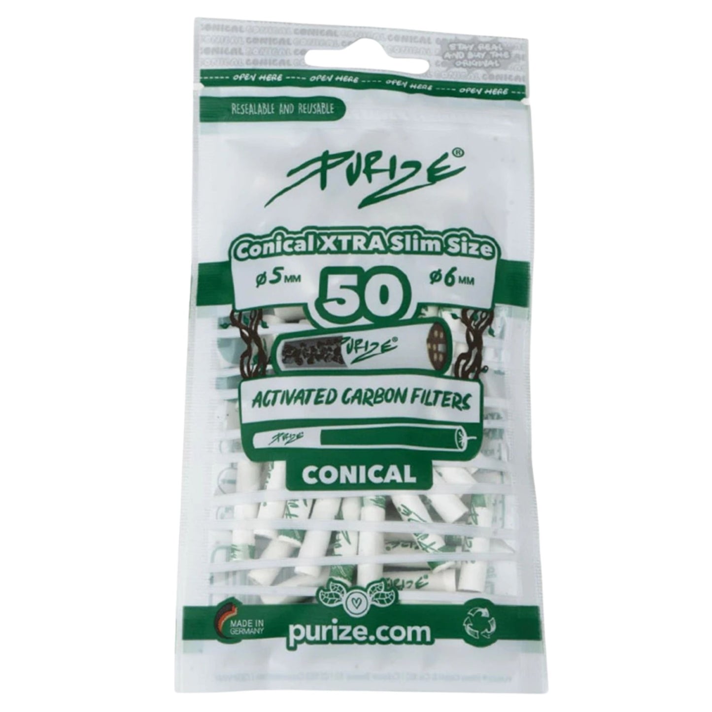 50 konische Aktivkohlefilter in XTRA Slim Size von PURIZE® – mit Kokos-Aktivkohle und Keramikkappen, 25 mm lang