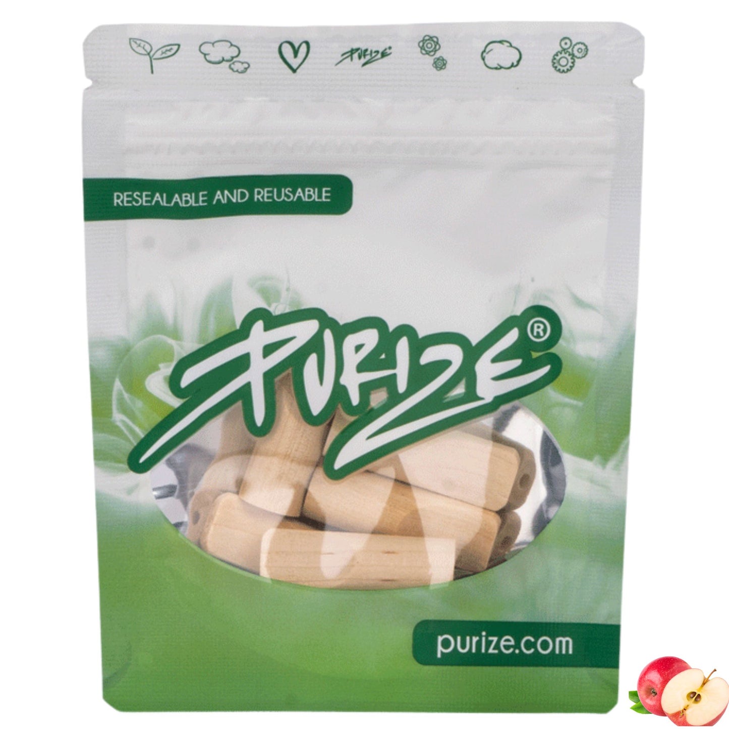 PURIZE® 5 Holzmundstücke XTRA Slim im wiederverschließbaren Beutel – Geschmacksrichtung Apfel
