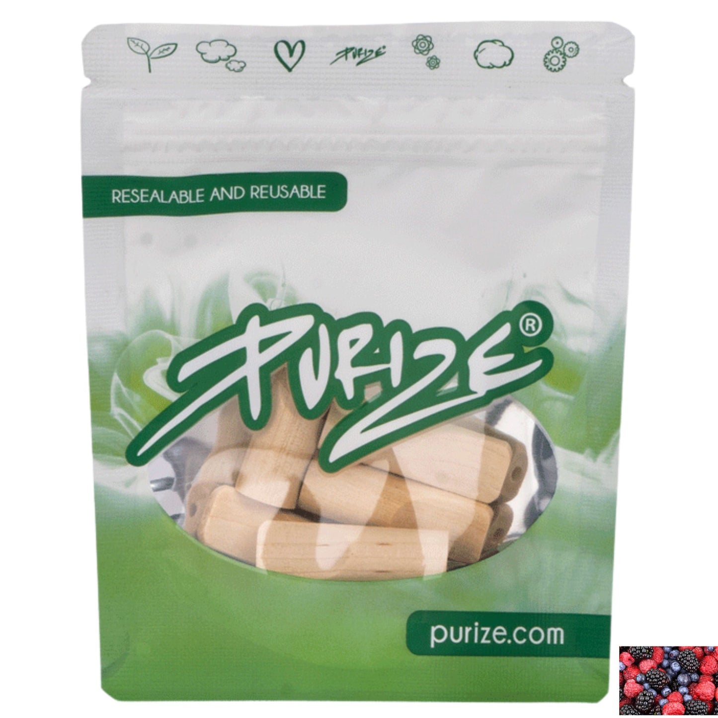 PURIZE® 5 Holzmundstücke XTRA Slim im wiederverschließbaren Beutel – Geschmacksrichtung Waldbeere