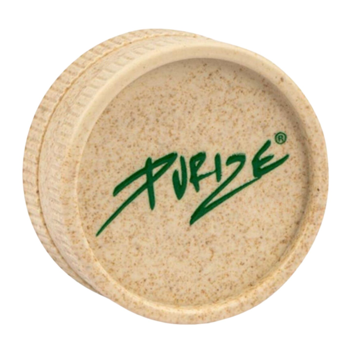 PURIZE® Bio Hanf Grinder geschlossen, in natürlicher Hanf-Optik mit grünem Logo. Nachhaltiger und biologisch abbaubarer Grinder.