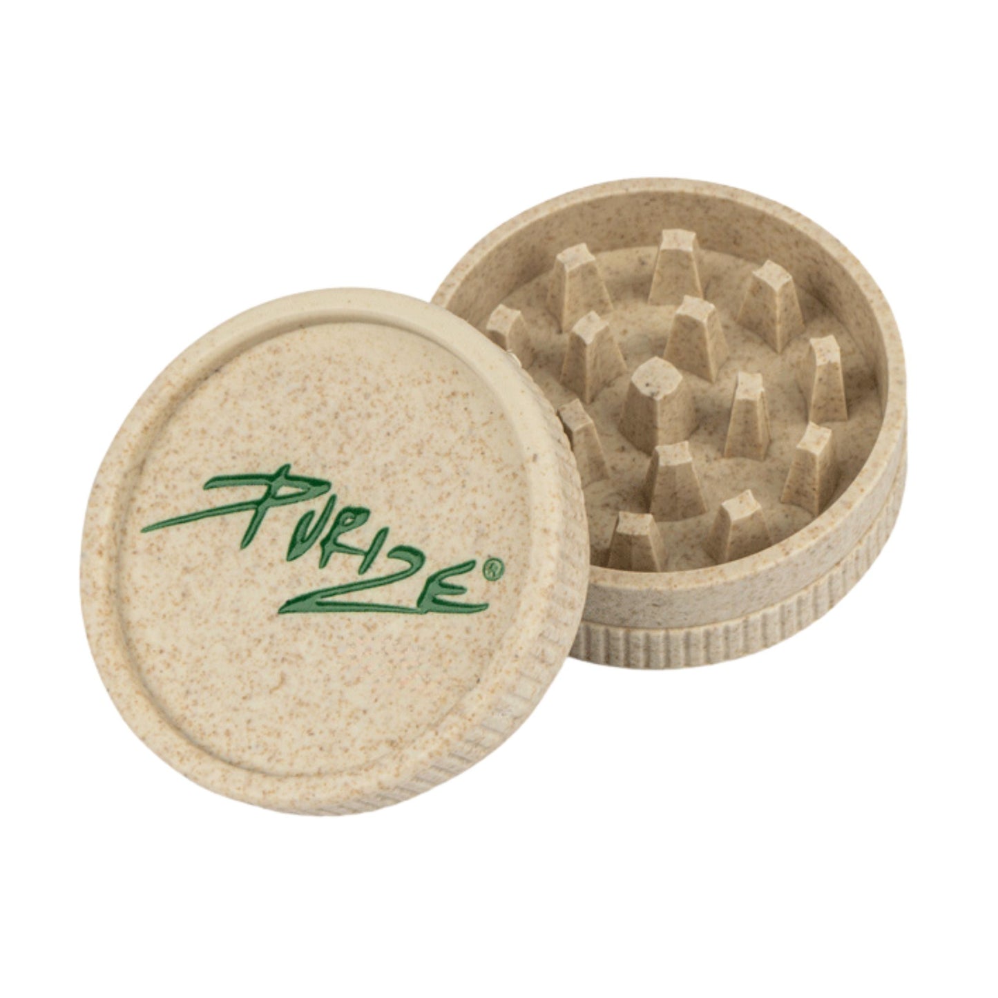 PURIZE® Bio Hanf Grinder geöffnet mit scharfen Schneidezähnen für effizientes Mahlen. Zwei-teilig und aus umweltfreundlichem Hanf-Material.
