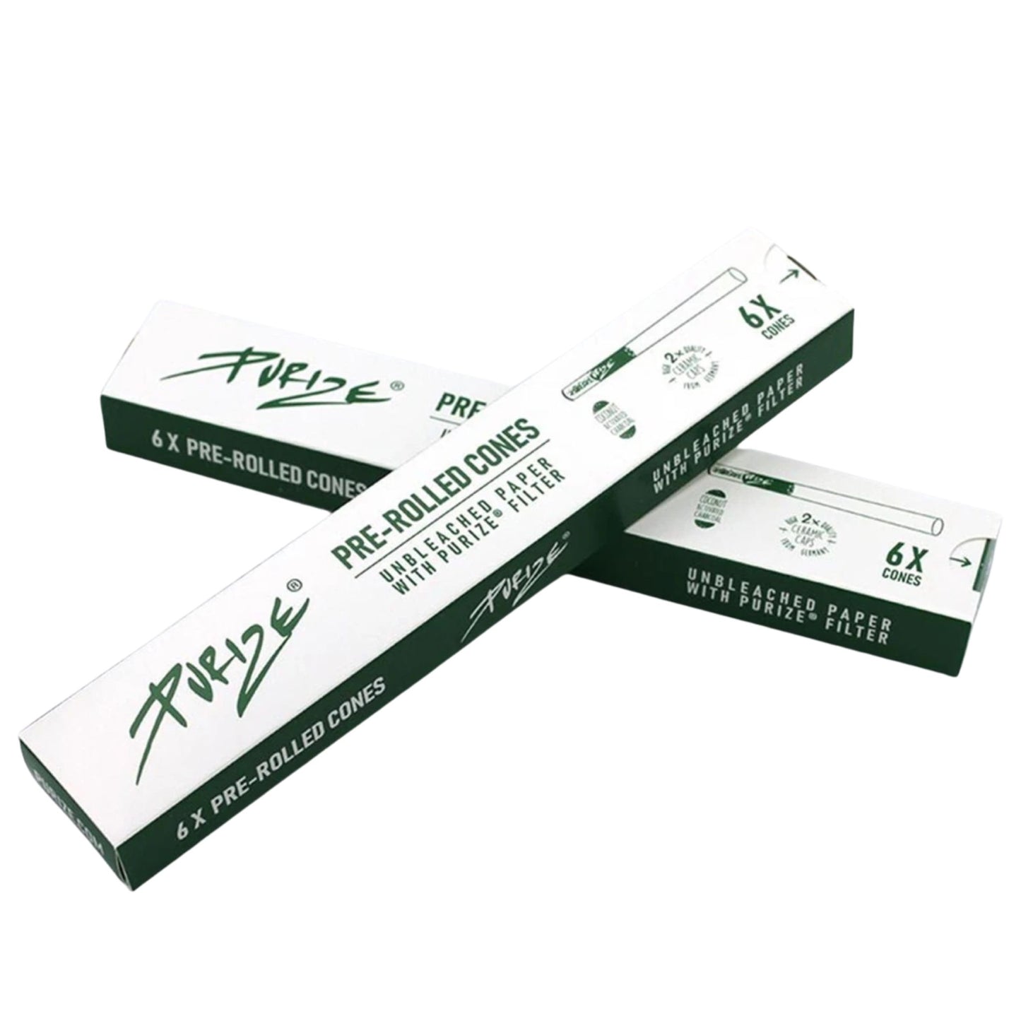 PURIZE® Pre-Rolled Cones in weiß-grüner Verpackung, 6 ungebleichte Cones mit integriertem Aktivkohlefilter