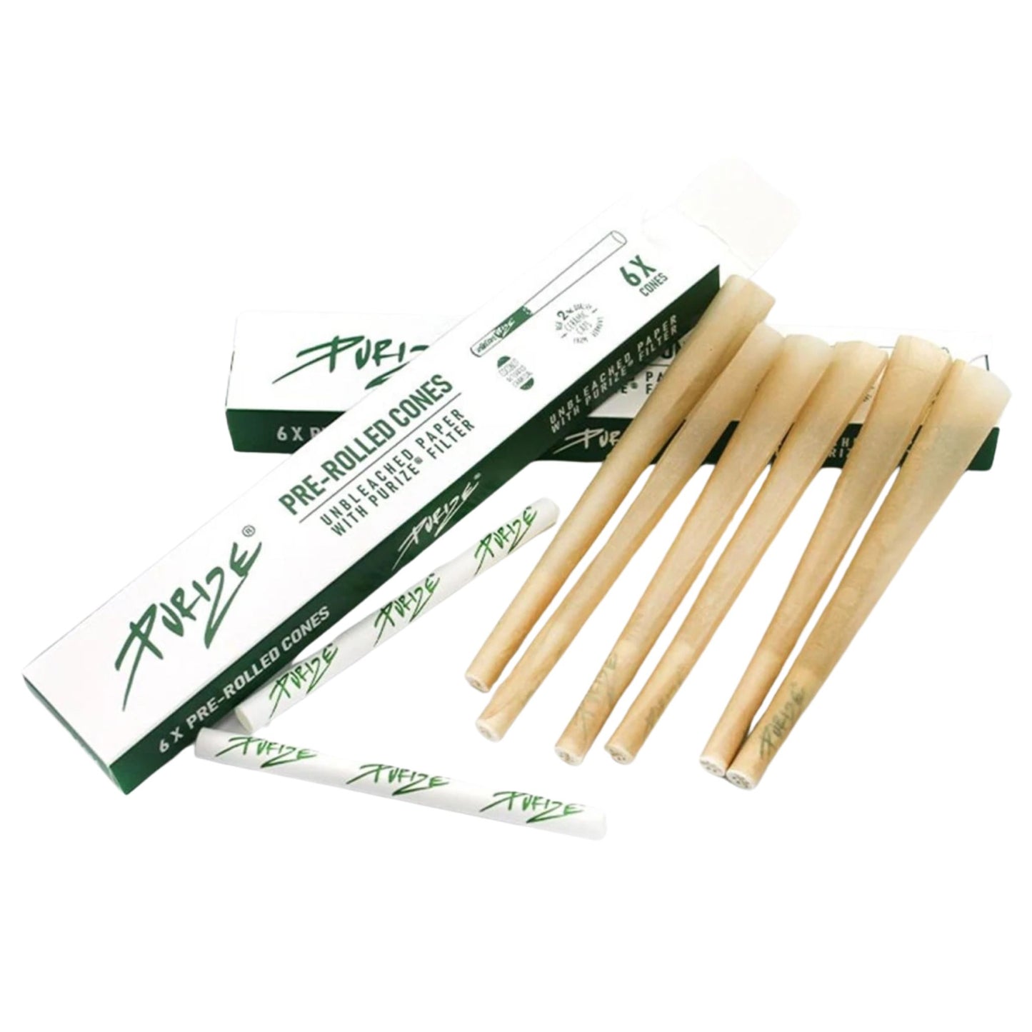 Geöffnete Packung PURIZE® Pre-Rolled Cones mit 6 ungebleichten, vorgerollten Cones inklusive Aktivkohlefilter