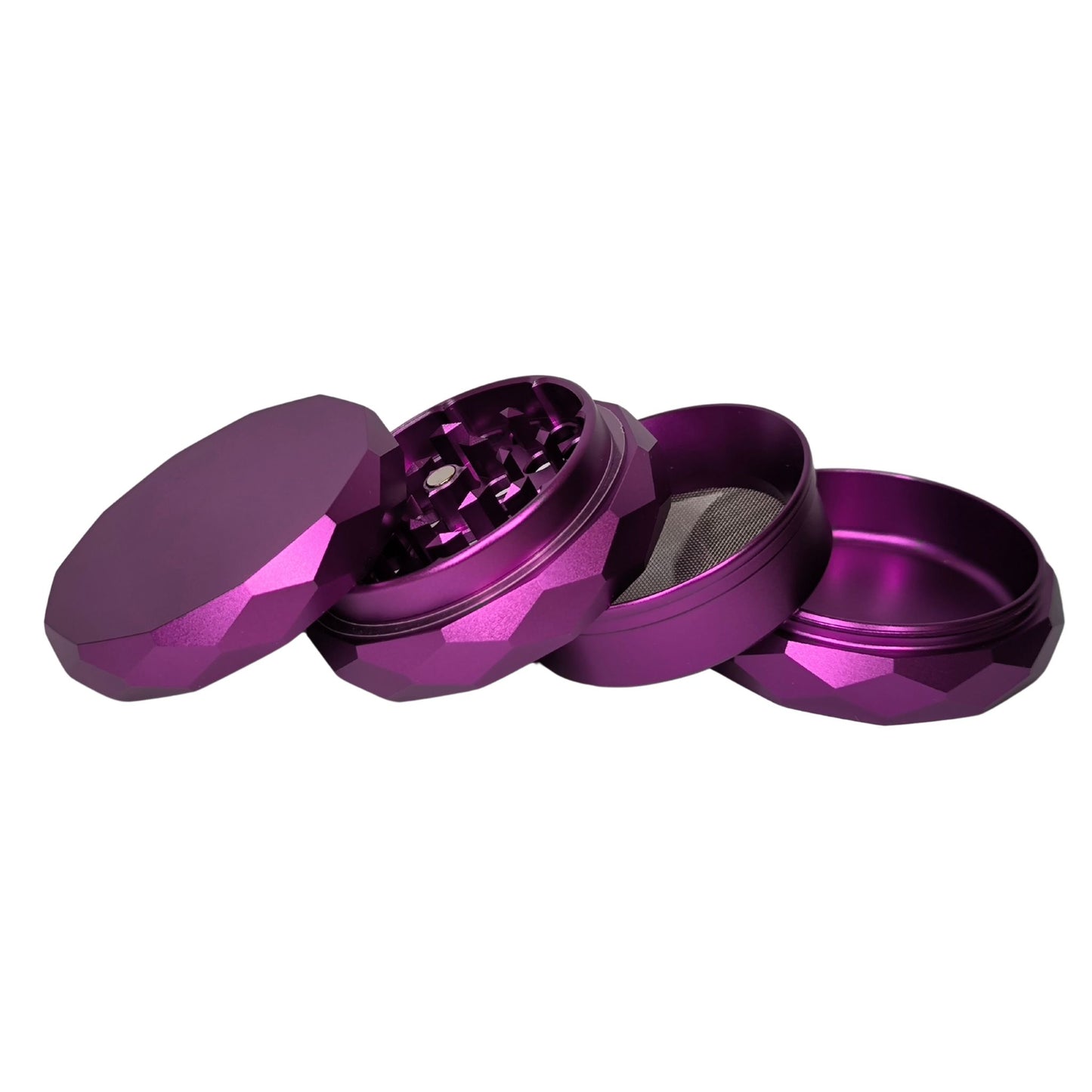 Geöffneter lila Grinder mit vier Teilen, darunter Mahlwerk, Sieb und Auffangkammer – stylisch und funktional.