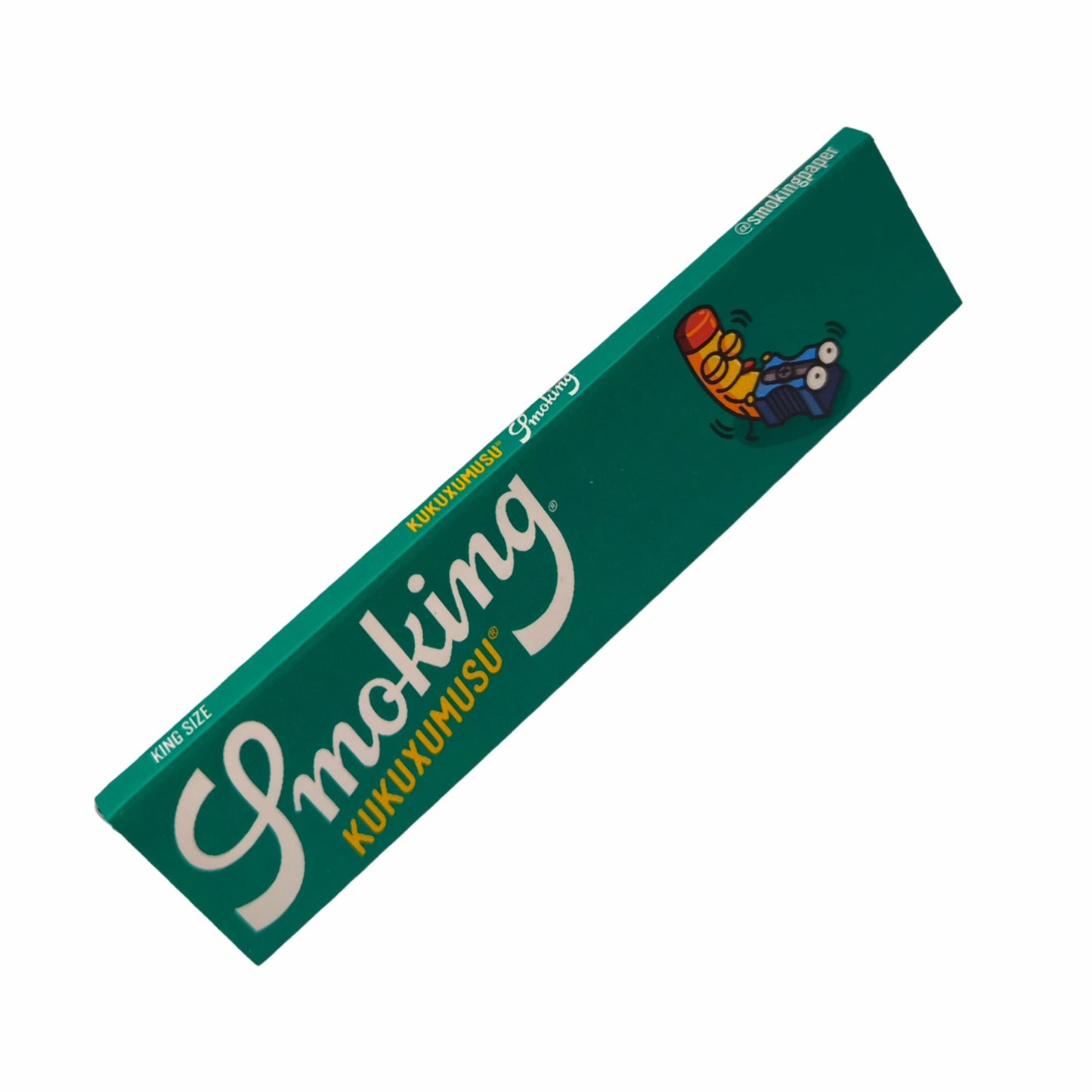 Smoking Kukuxumusu Longpapers mit grünem Horny-Pencil-Design, Comic-Zeichnung von Stift und Spitzer in eindeutiger Pose, auf weißem Hintergrund