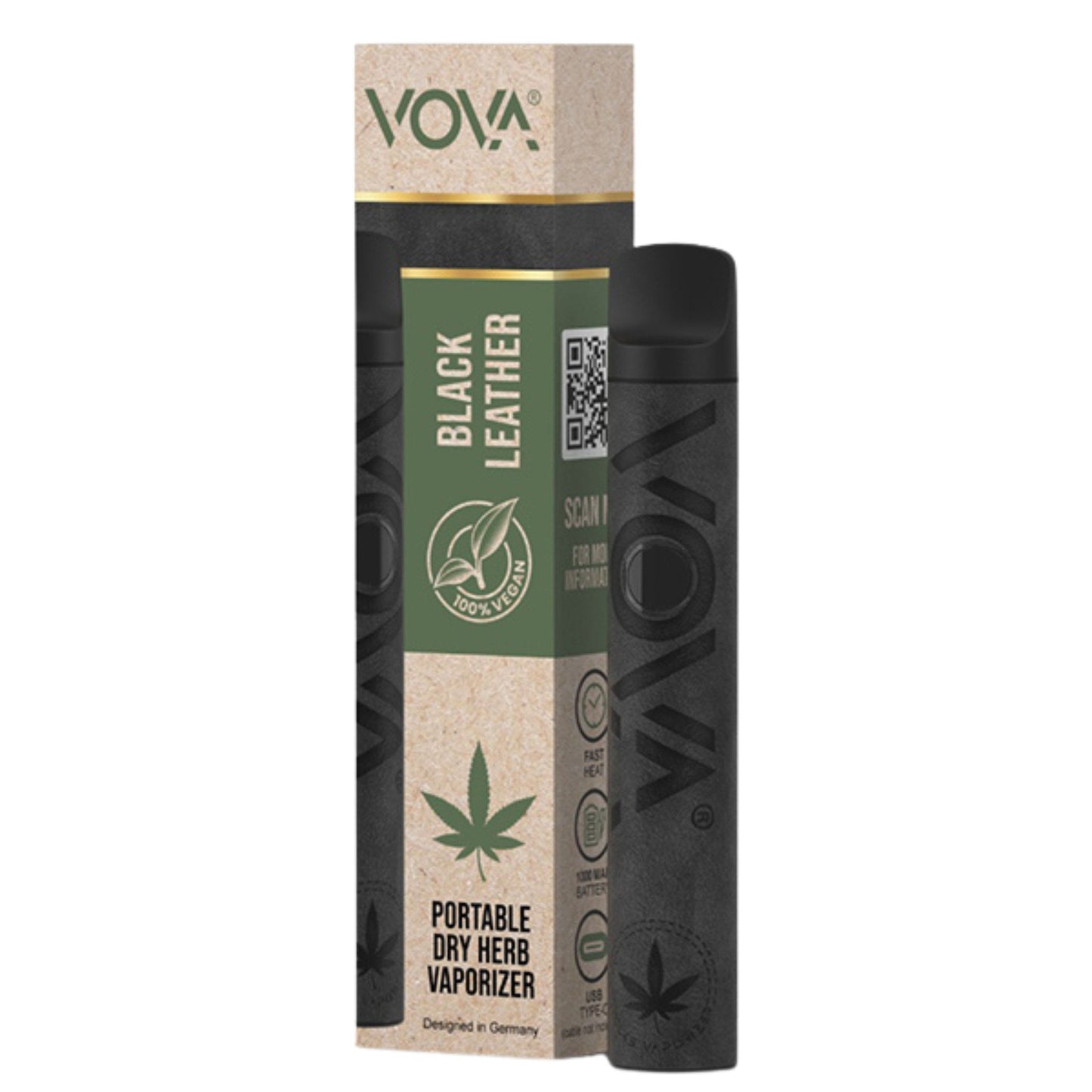 VOVA Vaporizer Black Leather – tragbarer Kräuterverdampfer in schwarzer Lederoptik mit Originalverpackung, frontal abgebildet