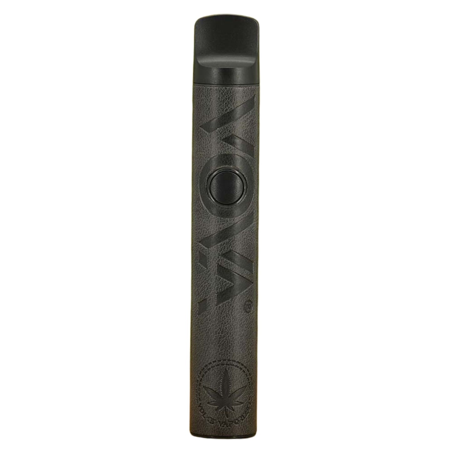 VOVA Vaporizer Black Leather – Vorderansicht des tragbaren Verdampfers in schwarzer Lederoptik mit Sicht auf den Power-Button und Logo-Prägung