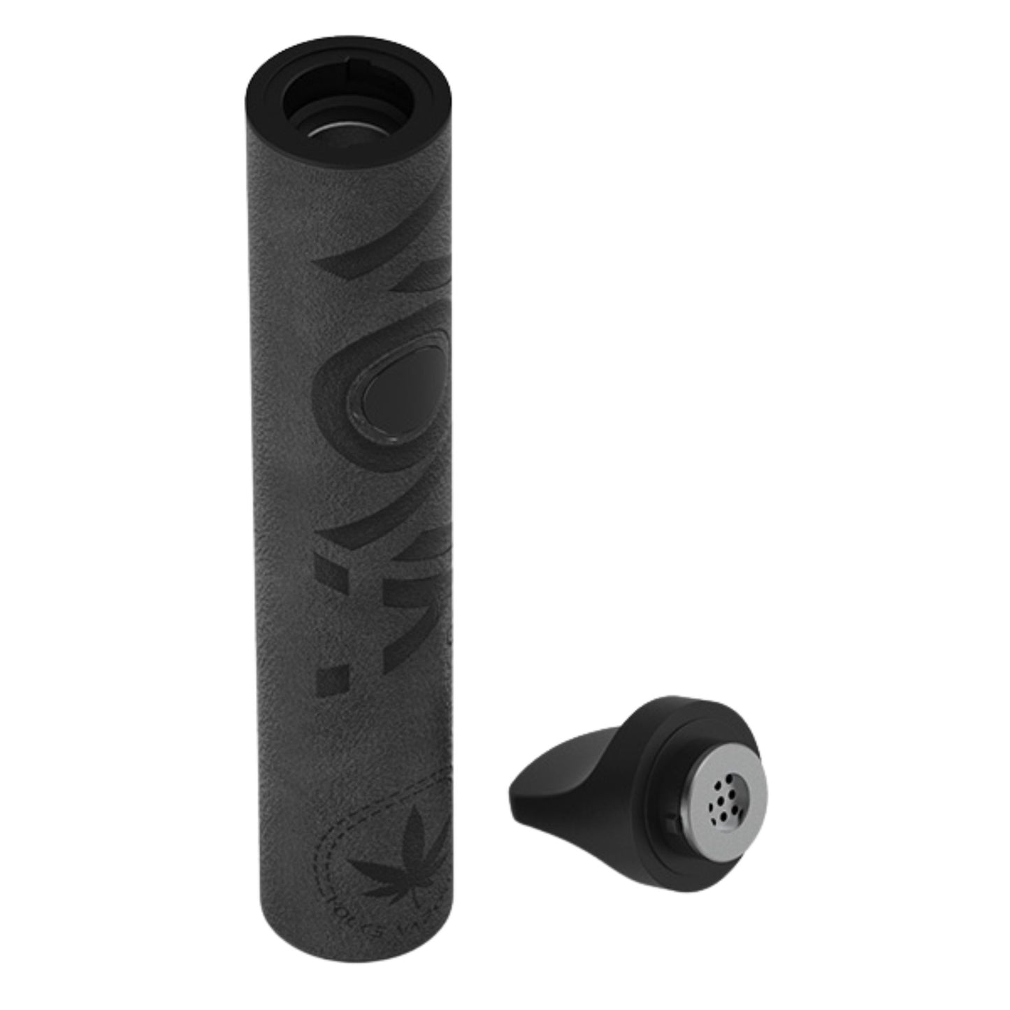 VOVA Vaporizer Black Leather geöffnet – tragbarer Kräuterverdampfer mit abgenommenem Mundstück und sichtbarer Heizkammer, frontal