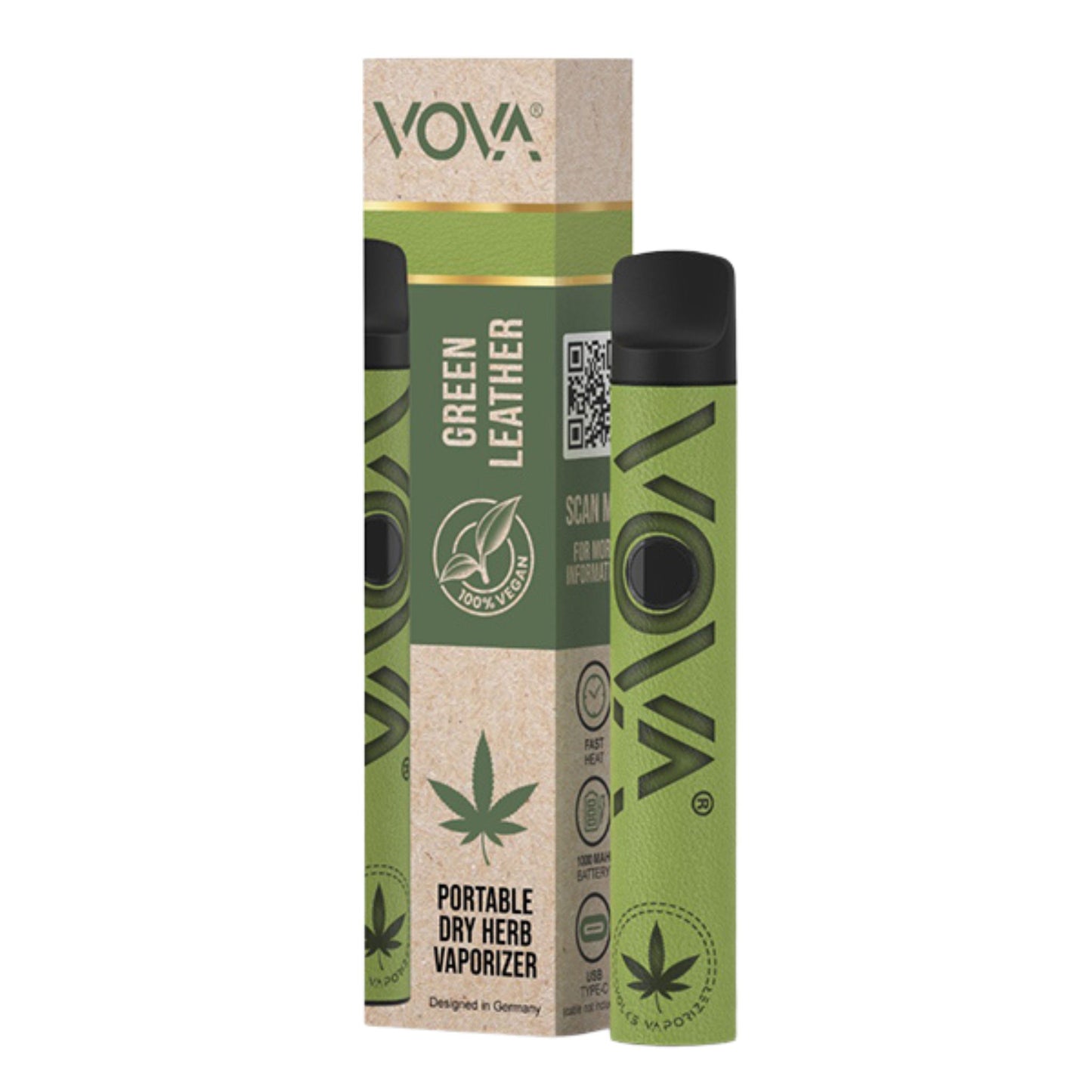 VOVA Vaporizer Green Leather – tragbarer Kräuterverdampfer mit grünem Leder-Design, inklusive Verpackung, frontal abgebildet