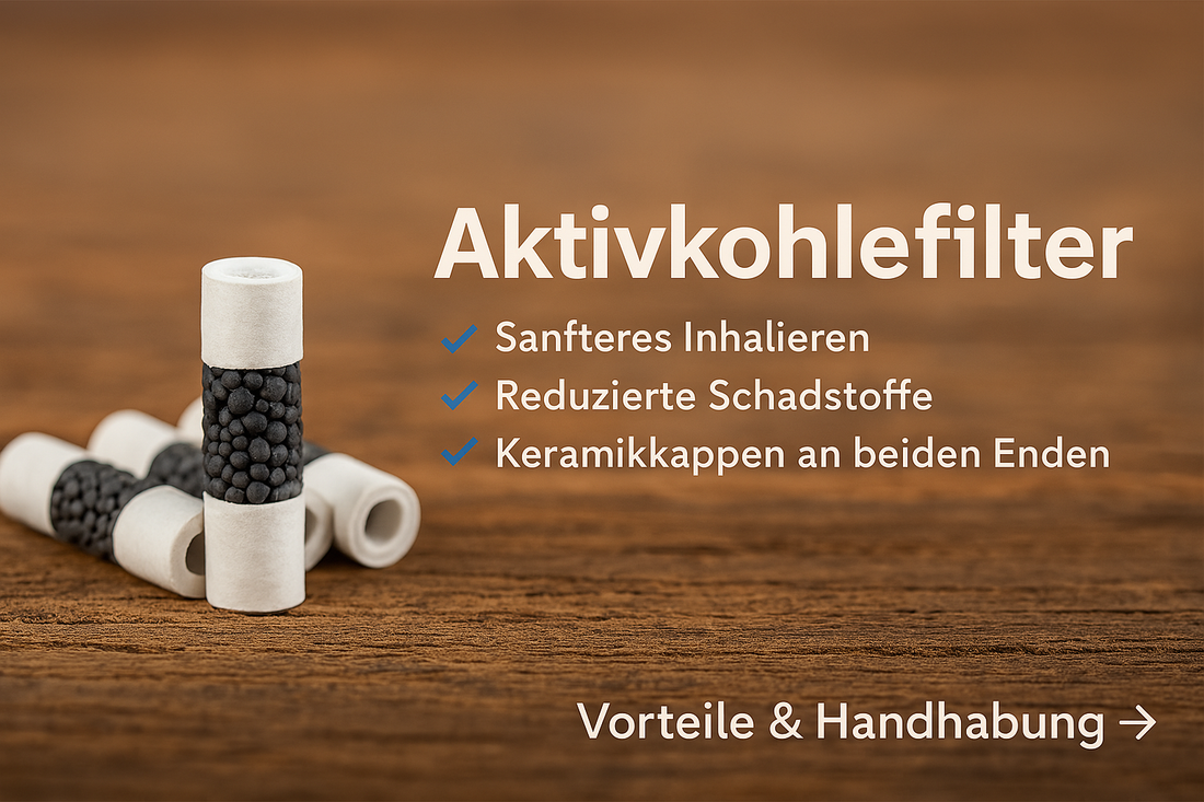 Aktivkohlefilter auf Holz – Filter mit Keramikkappen für sanfteres Inhalieren und reduzierte Schadstoffe