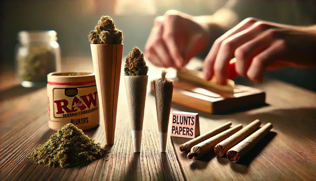 Realistische Nahaufnahme einer Holzoberfläche mit Joint Cones, Blunts und Longpapes. Im Hintergrund rollt eine Hand einen Blunt, während weiches Licht eine entspannte Atmosphäre schafft.