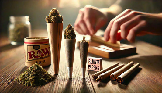 Realistische Nahaufnahme einer Holzoberfläche mit Joint Cones, Blunts und Longpapes. Im Hintergrund rollt eine Hand einen Blunt, während weiches Licht eine entspannte Atmosphäre schafft.