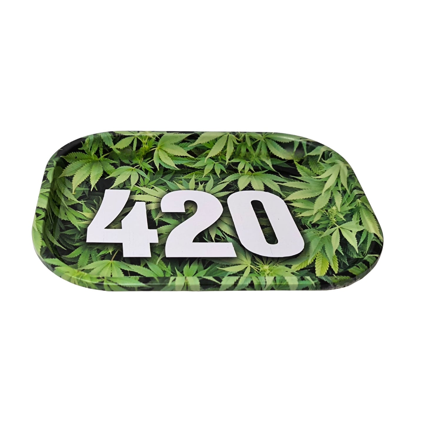 420 Rolling Tray 18 × 14 cm – Metall Drehunterlage mit Hanf-Design