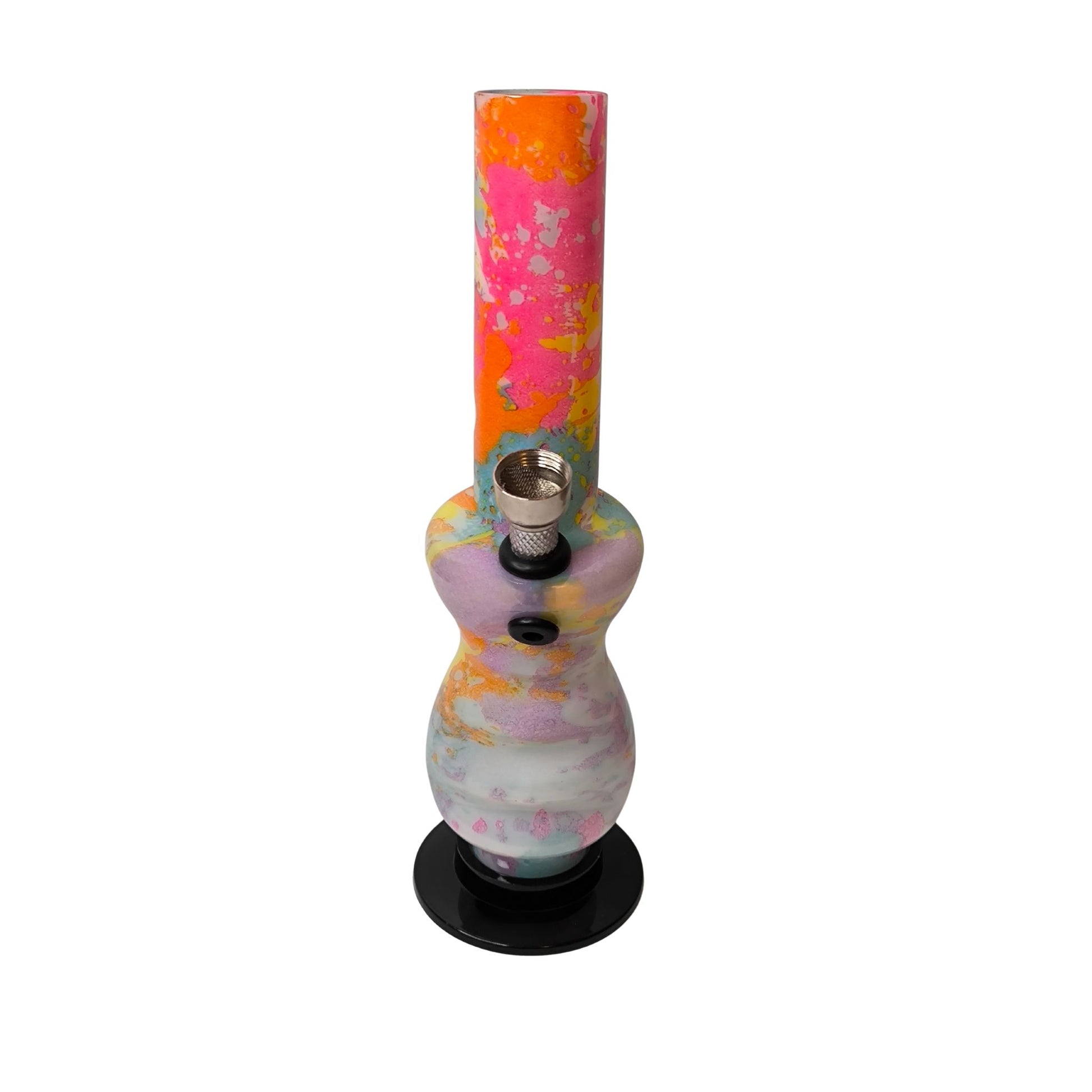 Frontansicht der bunten Acrylbong mit Kickloch und robustem Chillum