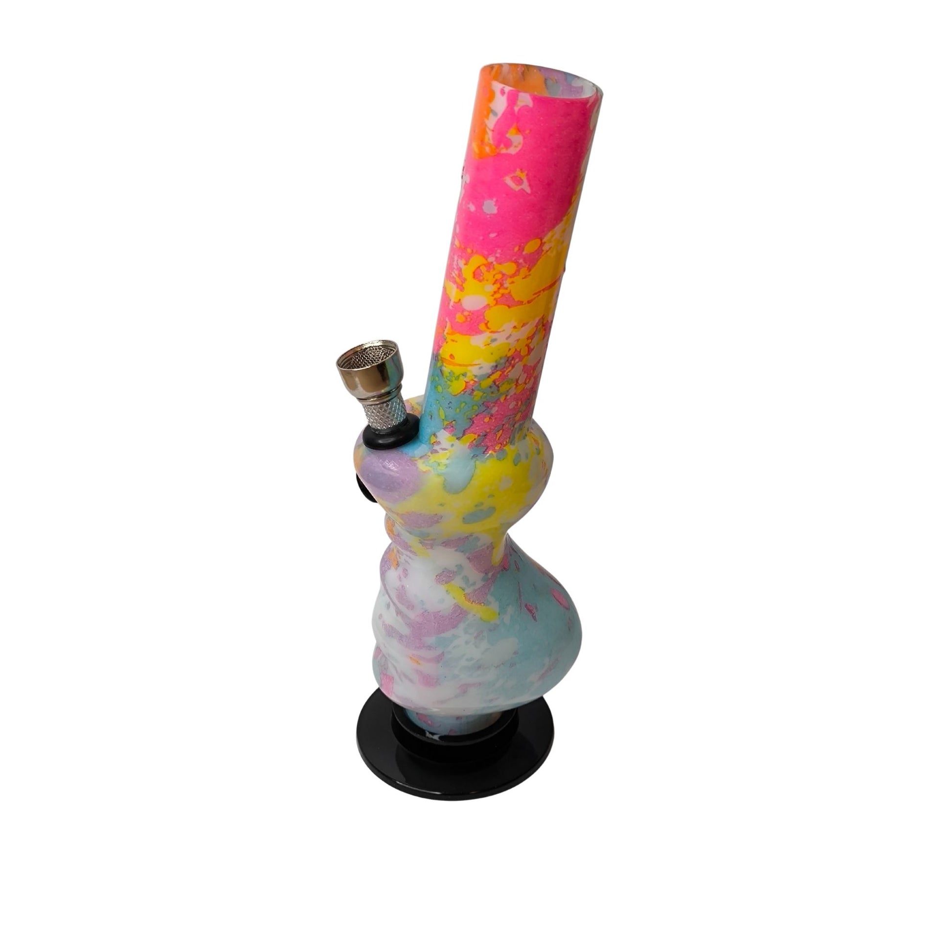Seitliche Ansicht der Farbspritzer-Acrylbong (20 cm, gebogen) mit sicherem Standfuß