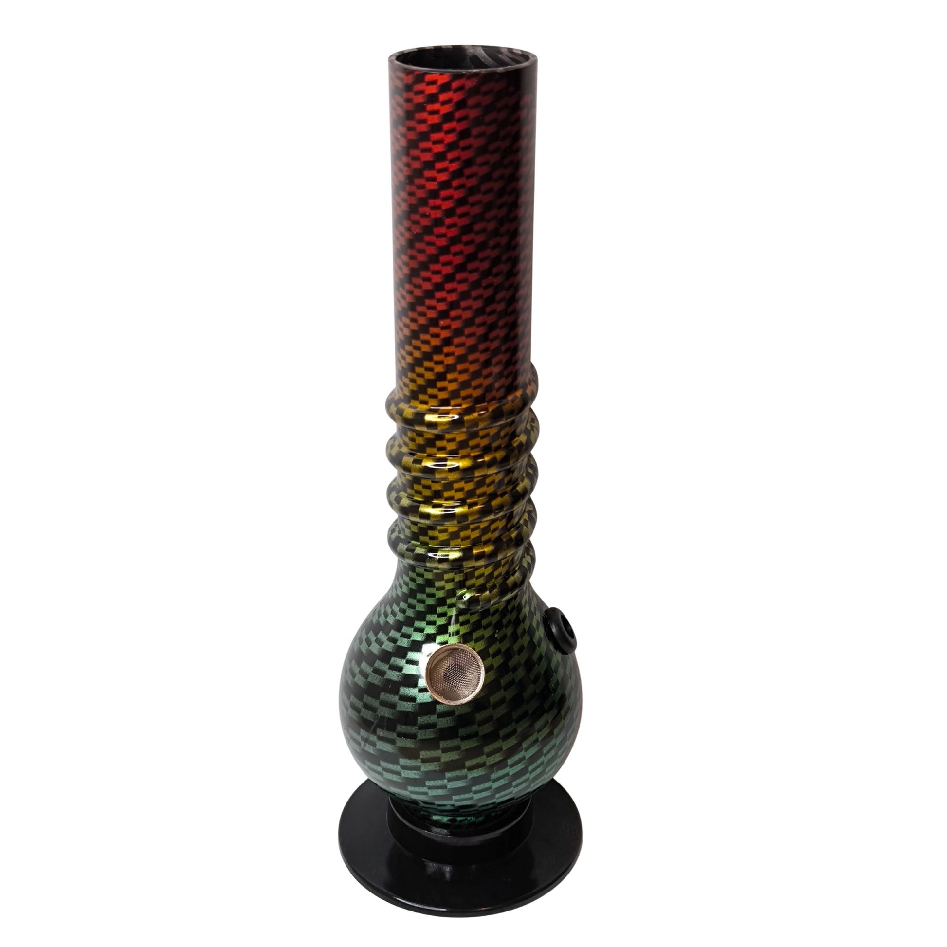 Vorderansicht der gerillten Bong mit Kickloch und Carbon-Optik