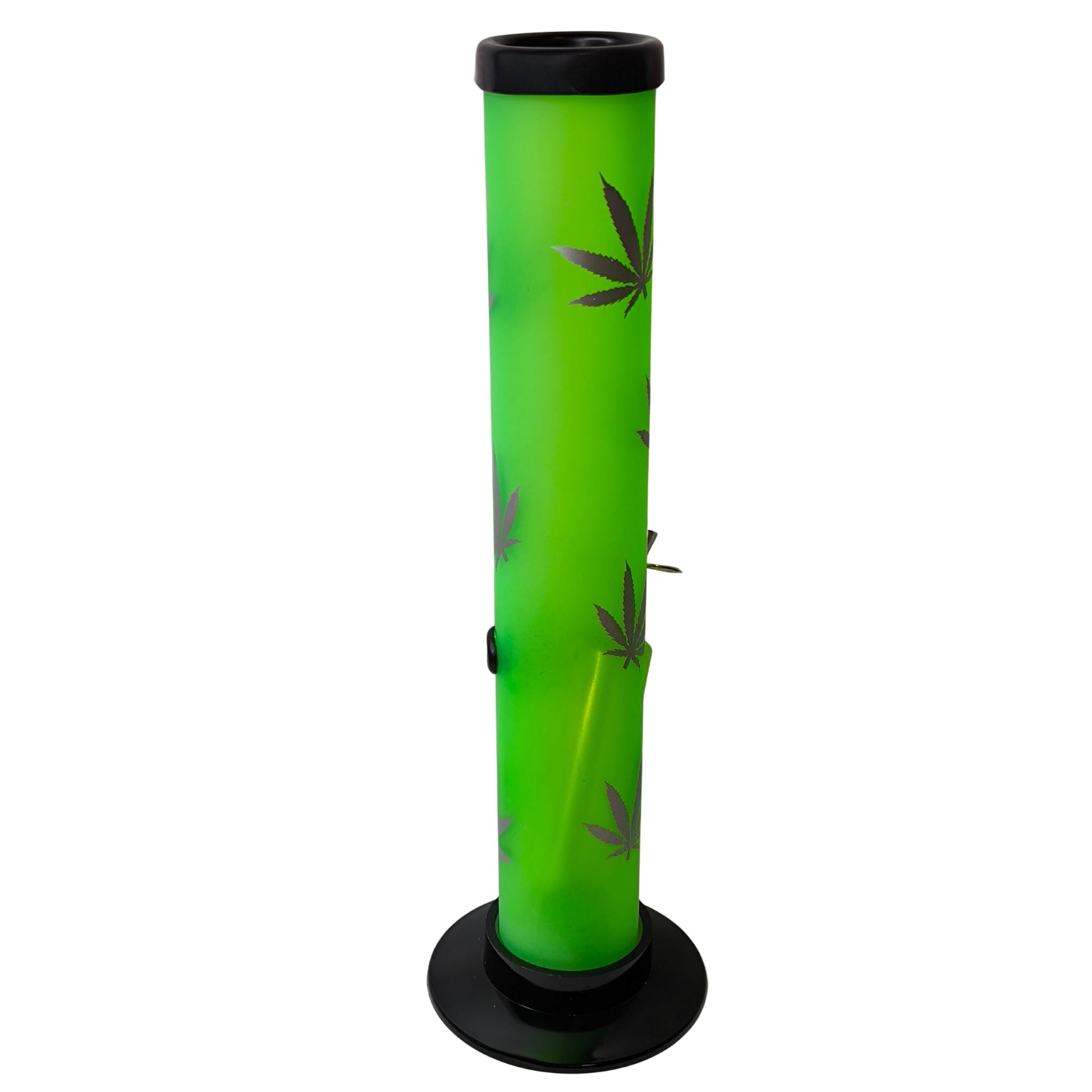 Rückseite der Zylinder-Bong mit schwarzem Standfuß und mattem Acryl
