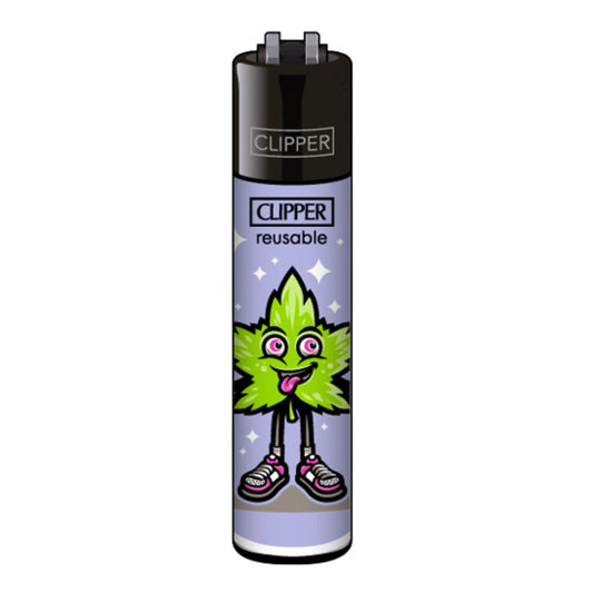Clipper Feuerzeug „420 Characters 1/4“ mit grünem Hanfblatt-Comic auf lila Grund