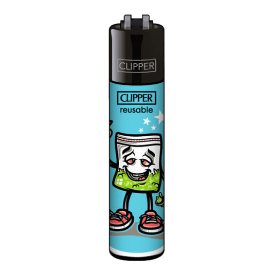 Clipper Feuerzeug „420 Characters 2/4“ mit lächelndem Zipperbag auf blauem Hintergrund
