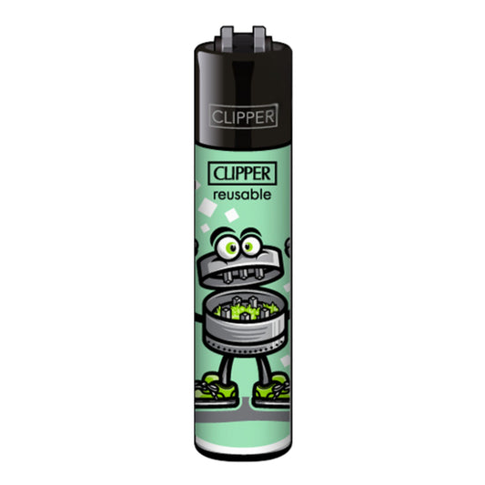 Clipper Feuerzeug „420 Characters 3/4“ mit Comic-Grinder auf mintgrünem Hintergrund