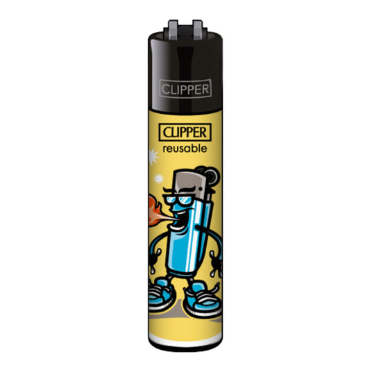 Clipper Feuerzeug „420 Characters 4/4“ mit gelbem Feuerzeug-Comic, das Flamme spuckt