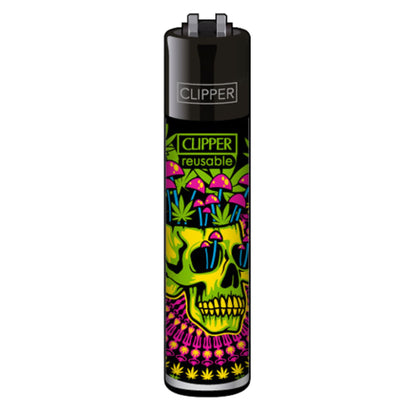 Clipper Feuerzeug „Trippy Skulls 1/4“ mit Totenkopf, Pilzen & Hanfblatt