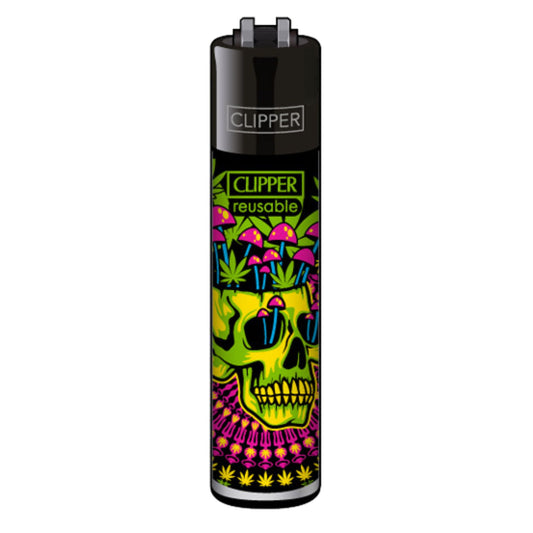 Clipper Feuerzeug „Trippy Skulls 1/4“ mit Totenkopf, Pilzen & Hanfblatt
