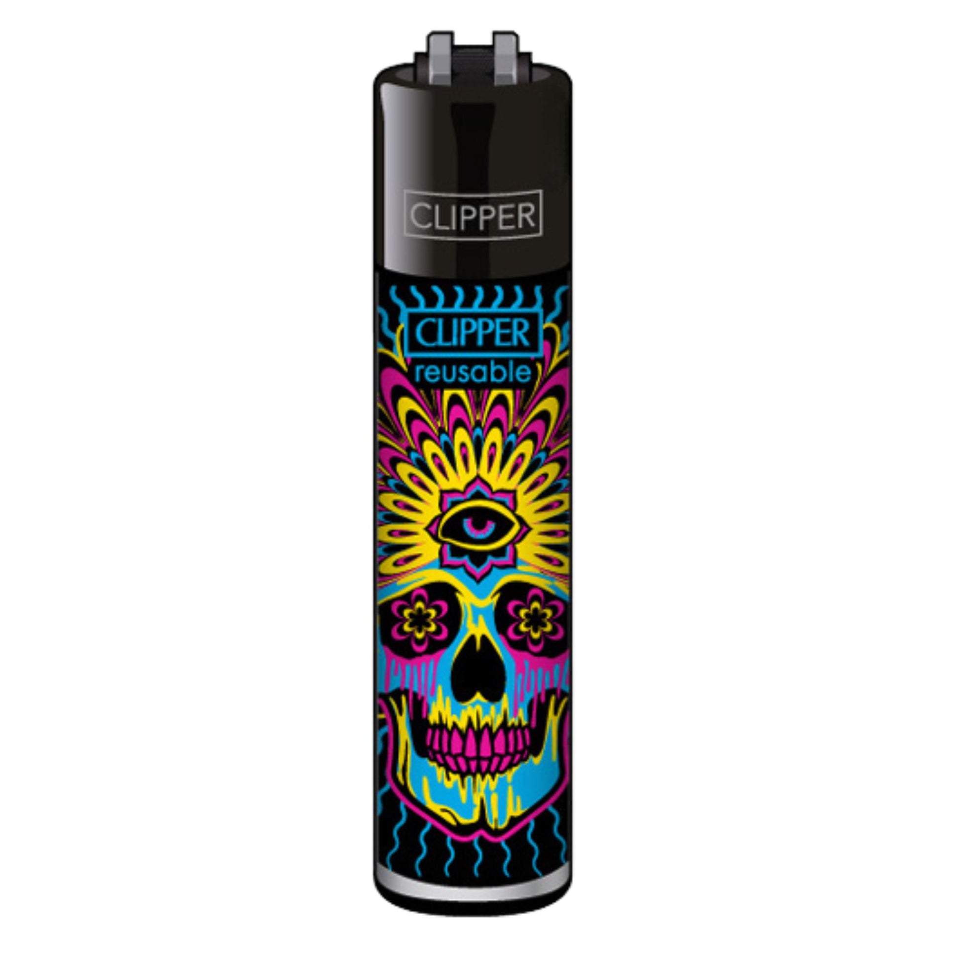 Clipper Feuerzeug „Trippy Skulls 2/4“ mit neonbuntem Totenkopf und drittem Auge
