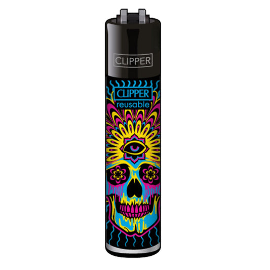 Clipper Feuerzeug „Trippy Skulls 2/4“ mit neonbuntem Totenkopf und drittem Auge