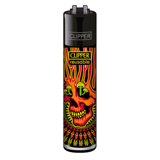 Clipper Feuerzeug „Trippy Skulls 3/4“ mit feurigem Totenkopf und Pilzen