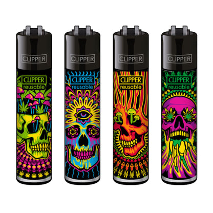 Clipper Feuerzeug Set – 4 bunte, wiederbefüllbare Feuerzeuge mit psychedelischen Totenkopf-Motiven im Neonstil auf weißem Hintergrund