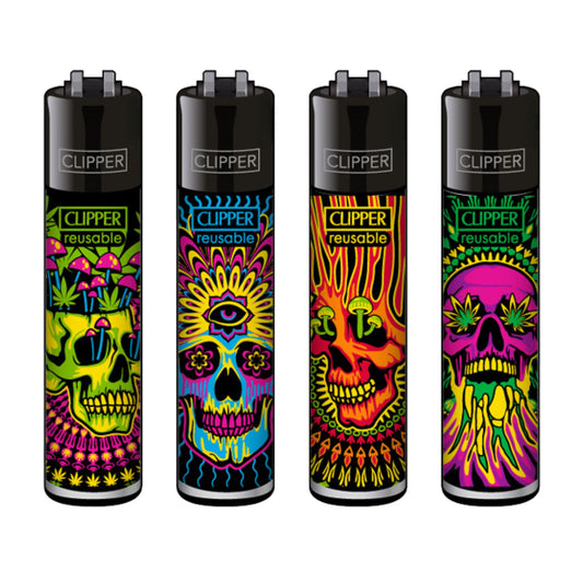 Clipper Feuerzeug Set – 4 bunte, wiederbefüllbare Feuerzeuge mit psychedelischen Totenkopf-Motiven im Neonstil auf weißem Hintergrund