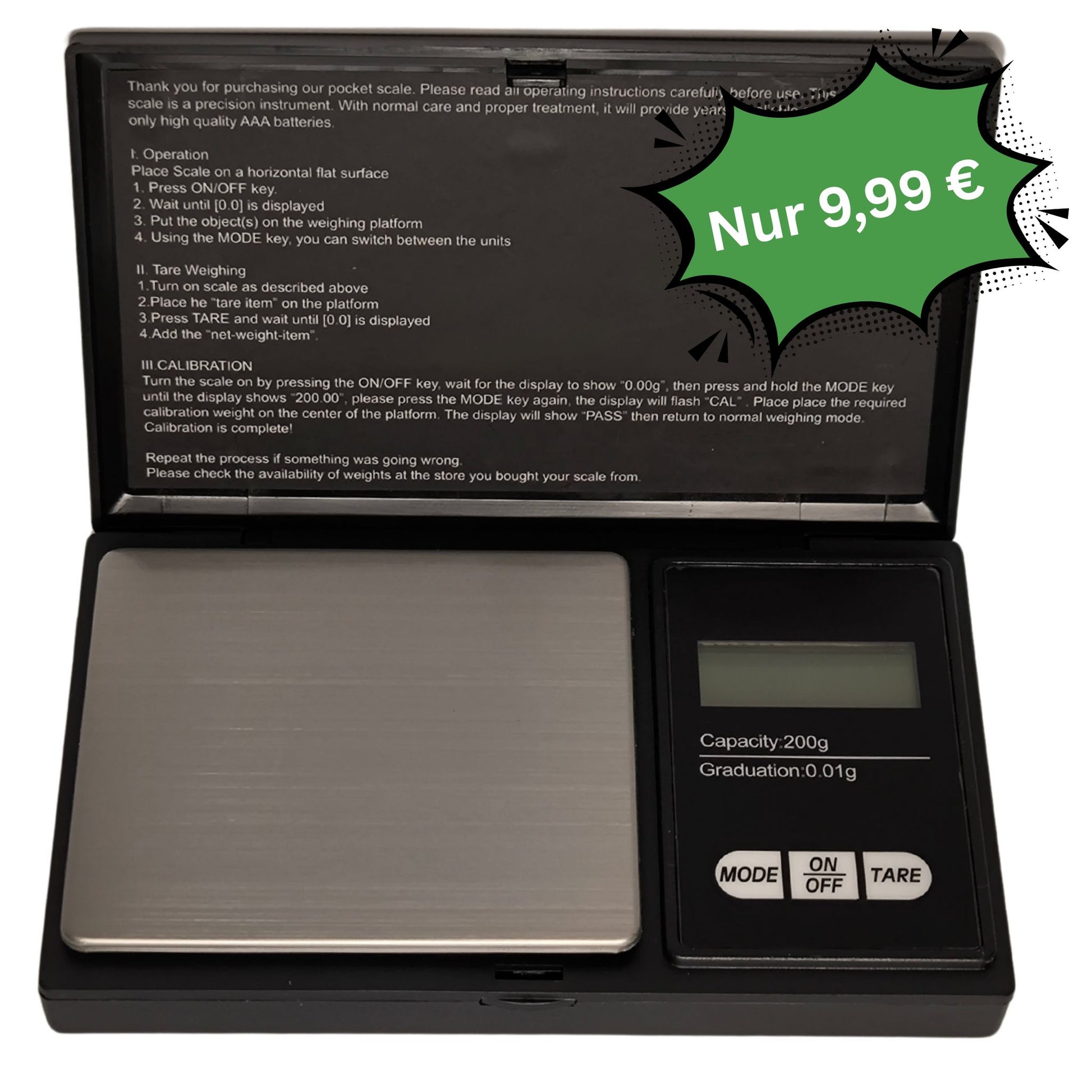 Digitale Feinwaage 200g mit 0,01g Genauigkeit und grünem Preisschild 9,99 €