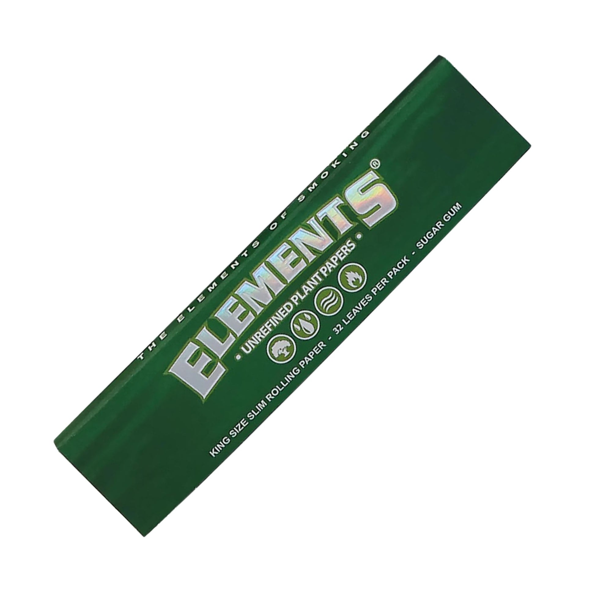 Grüne King Size Slim Papers aus ungebleichten Pflanzenfasern mit natürlichem Zucker-Gum und CrissCross-Wasserzeichen.