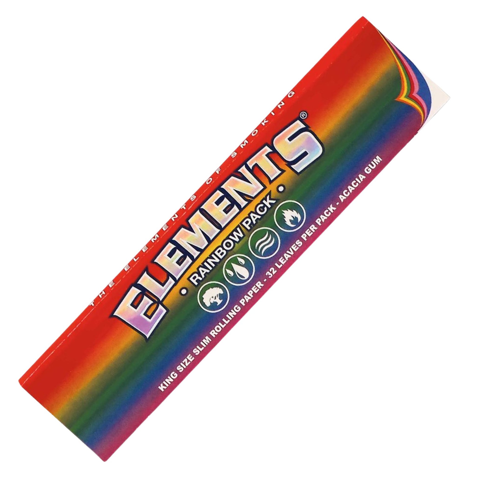 Ein Heftchen Elements Rainbow King Size Slim Papers mit 32 ultradünnen Blättchen aus Reispapier im auffälligen Regenbogen-Design.