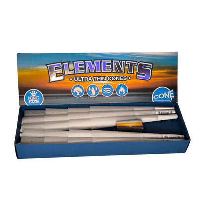 Offene Verpackung der Elements Ultra Thin King Size Cones (40 Stück) mit vorgedrehten, ultradünnen Cones aus Reispapier, inklusive Stopfhilfe.